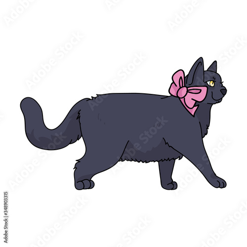 Cute cartoon British shorthair cat with pink bow vector clipart. Pedigree kitty breed for cat lovers. Purebred domestic kitten for pet parlor illustration mascot. Isolated feline housecat. EPS 10.