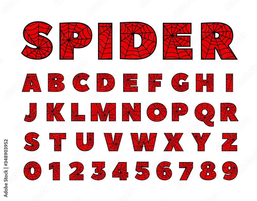 Spider font. Spiderman alphabet. Black letters on Red background. Stock
