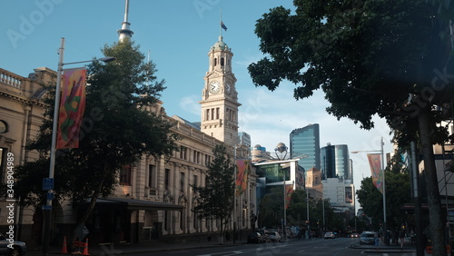 Auckland street with the view of the city hall, aotea square and the Sky Tree at the backdrop 