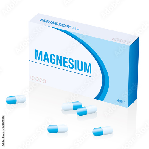 Magnesium supplement pills box, a medical fake product. Isolated vector illustration over white background. 
