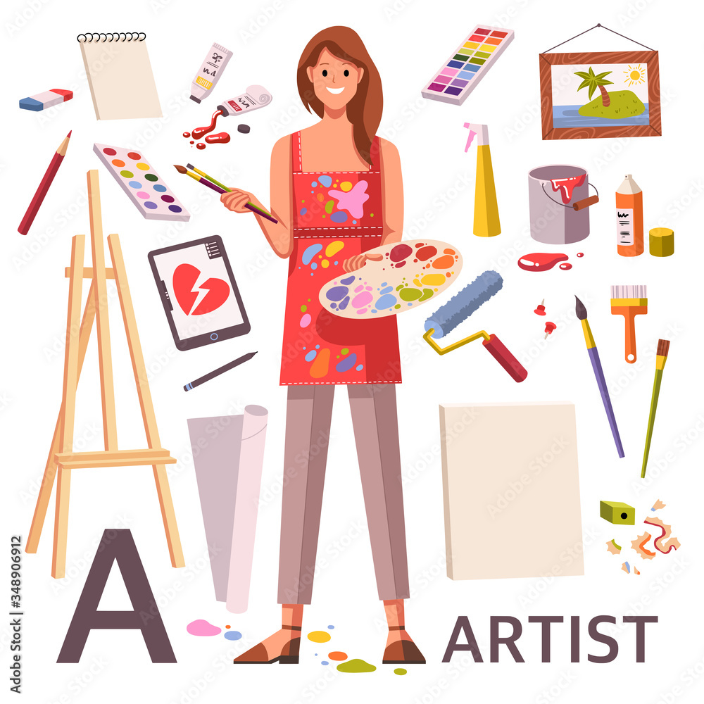 Artist character and art supplies icons arranged around it. Flat style vector illustration. Young woman artist with brushes and palette in her hands. Alphabet Profession. Letter A - Artist. Artist character and art supplies icons arranged around it. Flat style vector illustration. Young woman artist with brushes and palette in her hands. Alphabet Profession. Letter A - Artist.