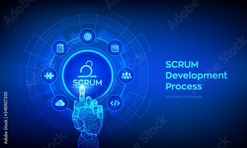 SCRUM. Agile development methodology process. Iterative sprint methodology. Programming and application design technology concept. Robotic hand touching digital interface. Vector illustration.