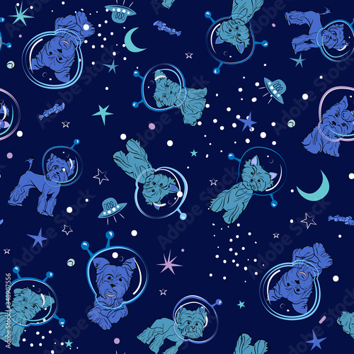 
Seamless print of little dogs in space. The picture shows the Yorkshire Terrier boys and girls, the moon, the ball, pet toys and space dust