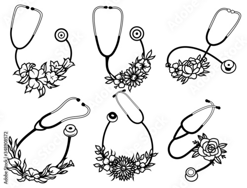 Set of medical stethoscopes. Collection stethoscope with floral frame. Medical device. Vector illustration for doctors.