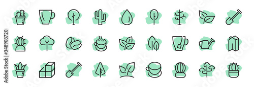   A set of Rosteniya Icons, and garden care, Vector illustration, Contains Icons such as tree, cactus, watering can, spade, flower and much more. on a white background, editable bar 480x480