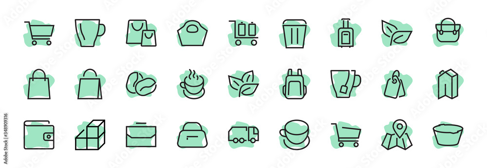 Simple set of bags, shopping and travel icons. Vector illustration Contains icons such as Card, wallet, shopping basket, discount, bowl, package. On a white background, editable stroke Simple set of bags, shopping and travel icons. Vector illustration Contains icons such as Card, wallet, shopping basket, discount, bowl, package. On a white background, editable stroke
