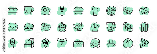   A simple set of fast food icons related to the vector line. Contains icons such as pizza, burger, sushi, bike, scrambled eggs and more. EDITABLE stroke. 480x480 pixels perfect, EPS 10