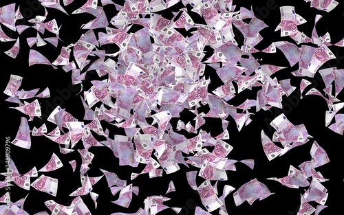 Flying euro banknotes isolated on a dark background. Money is flying in the air. 500 EURO in color. 3D illustration © Plastic man