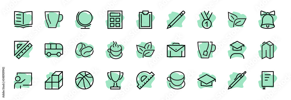 A simple set of school items. Contains icons such as student, award, geography, physical education, geometry and more. On white background. Editable stroke. 480x480 A simple set of school items. Contains icons such as student, award, geography, physical education, geometry and more. On white background. Editable stroke. 480x480