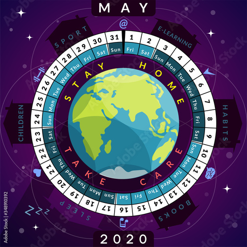 Circle calendar on may 2020 with Earth globe inside.