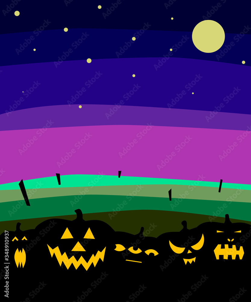 Halloween banner with pumpkins silhouettes on night background. Autumn scary landscape. Happy Halloween spooky postcard. Vector stock illustration with Holiday characters, sky with stars, glowing eyes