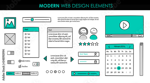 Set modern design elements page template. Website UI UX design hand drawn wire frames. Web elements with navigation, buttons, icons for use on the site. Vector illustration.