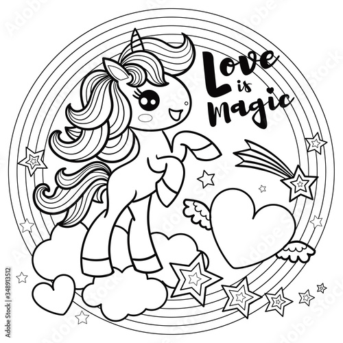 Love is magic. Black and white image. Cute unicorn with a heart and a rainbow. Vector