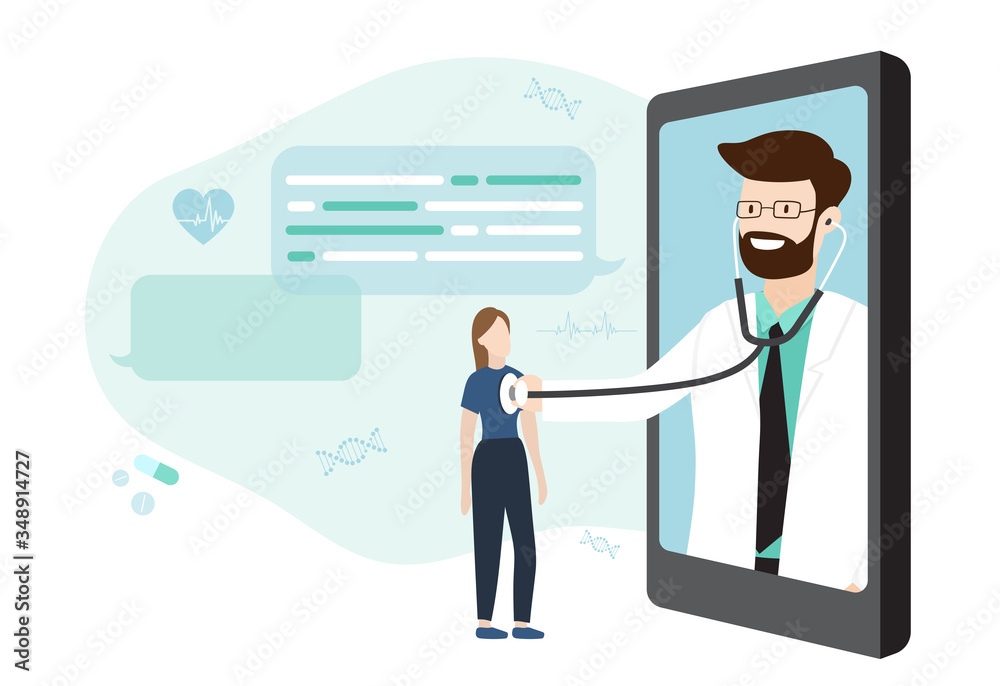 smartphone screen on chat in messenger with Doctor and an online consultation. Vector flat illustration. Healthcare and E-Medical Concept Design for Banner, Poster and Advertising Background.