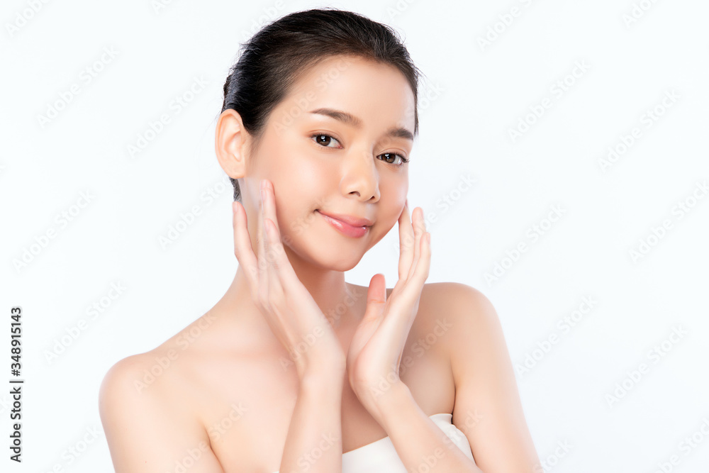 Beautiful Young Asian Woman touching her clean face with fresh Healthy Skin, isolated on white background, Beauty Cosmetics and Facial treatment Concept Beautiful Young Asian Woman touching her clean face with fresh Healthy Skin, isolated on white background, Beauty Cosmetics and Facial treatment Concept