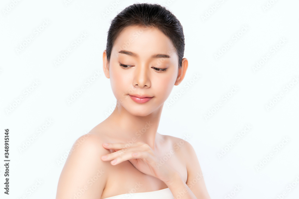 Beautiful Young Asian Woman touching her body with fresh Healthy Skin, isolated on white background, Beauty Cosmetics and Facial treatment Concept. Beautiful Young Asian Woman touching her body with fresh Healthy Skin, isolated on white background, Beauty Cosmetics and Facial treatment Concept.