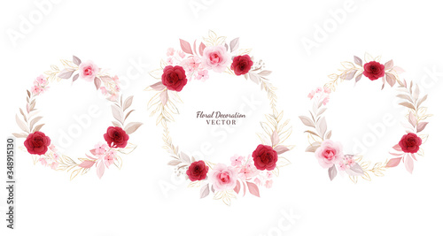 Floral wreath vector set. Wreath arrangements illustration of red and peach roses with gold leaves, branch. Botanic elements for wedding, greeting card, or logo design vector