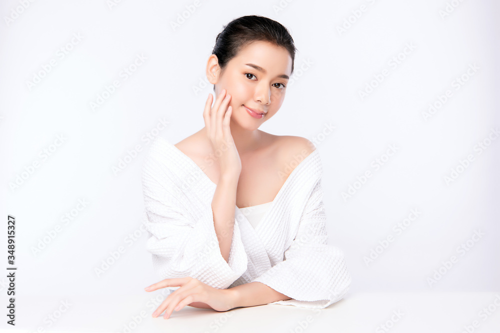 Beautiful Young Asian Woman touching her clean face with fresh Healthy Skin, isolated on white background, Beauty Cosmetics and Facial treatment Concept Beautiful Young Asian Woman touching her clean face with fresh Healthy Skin, isolated on white background, Beauty Cosmetics and Facial treatment Concept