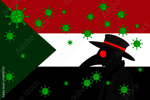 Black plague doctor surrounded by viruses with copy space with SUDAN flag.