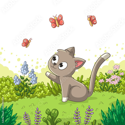 Little cat in the meadow Vector illustration with separate layers.