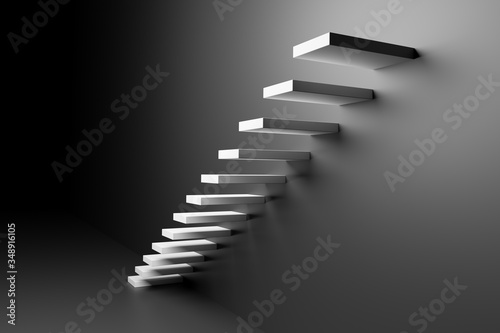 White ascending stairs in black room abstract black 3D illustration