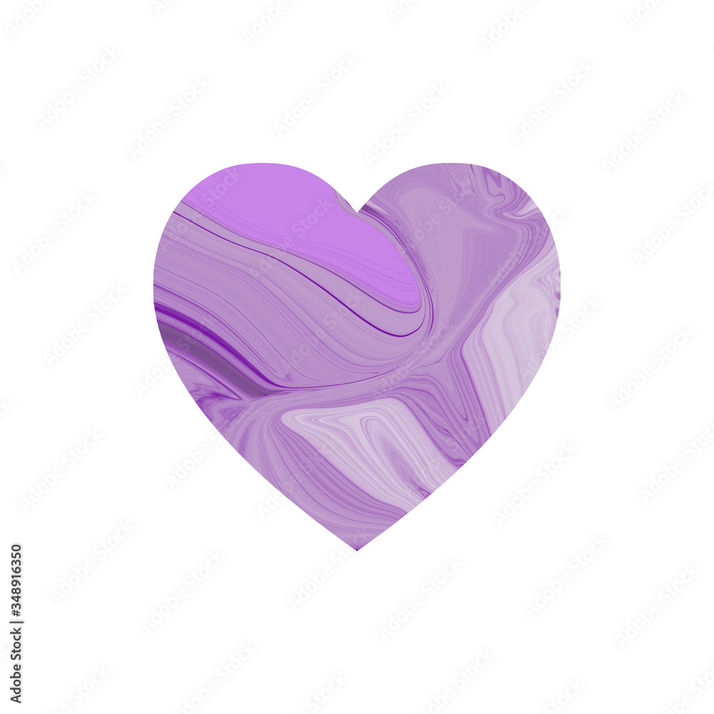 Simple heart symbol with abstract texture inside. Water stains, spots of paint, blue, violet colors. Isolated on a white background. Stock illustration drawn by hand.