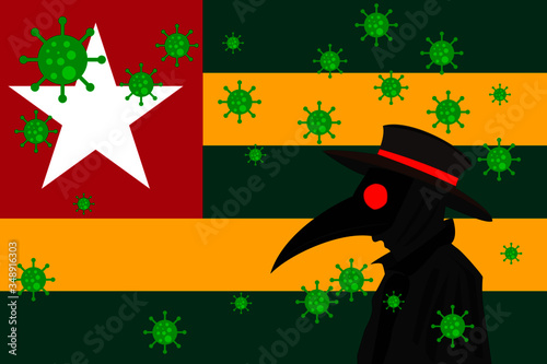 Black plague doctor surrounded by viruses with copy space with TOGO flag.