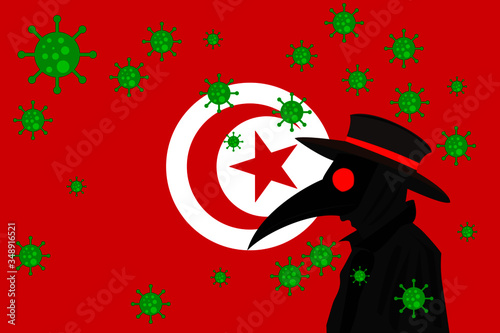 Black plague doctor surrounded by viruses with copy space with TUNISIA flag.