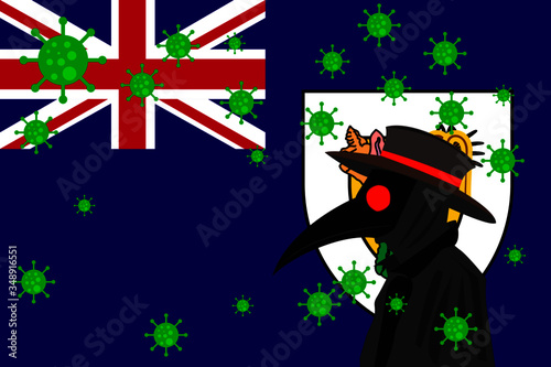 Black plague doctor surrounded by viruses with copy space with TURKS AND CAICOS ISLANDS flag.