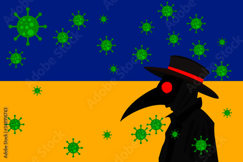 Black plague doctor surrounded by viruses with copy space with UKRAINE flag.