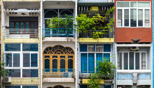 Typical modern Vietnamnese facade, balconies in Hanoi