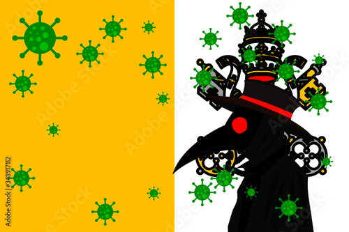 Black plague doctor surrounded by viruses with copy space with VATICAN CITY flag.