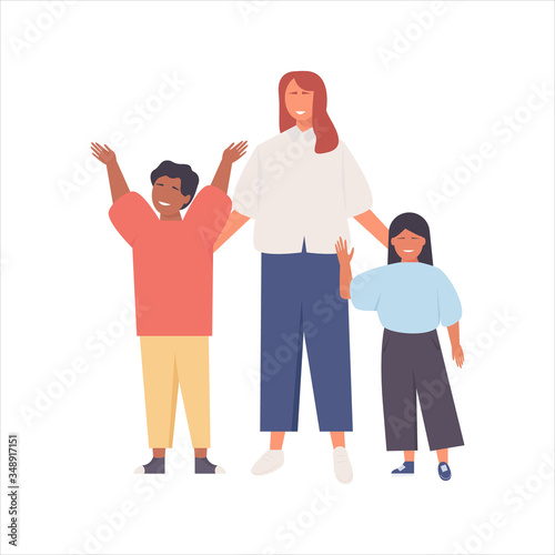 Woman walking with her children. Happy 
smiling family outdoor. Children adoption concept. Adoption family.