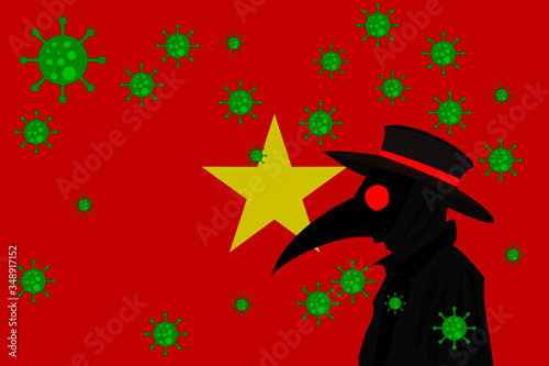 Black plague doctor surrounded by viruses with copy space with VIETNAM flag.