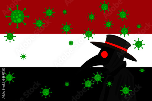 Black plague doctor surrounded by viruses with copy space with YEMEN flag.