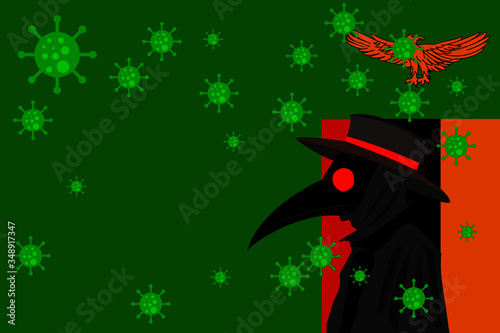 Black plague doctor surrounded by viruses with copy space with ZAMBIA flag.