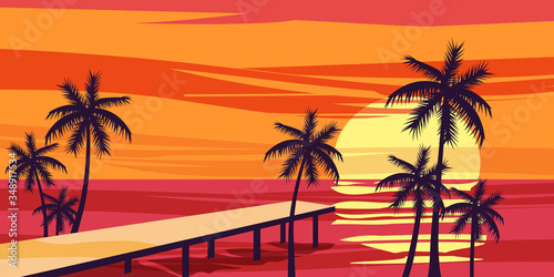 Fototapeta Naklejka Na Ścianę i Meble -  Summer holidays background. Sunset View berth sea ocean poster