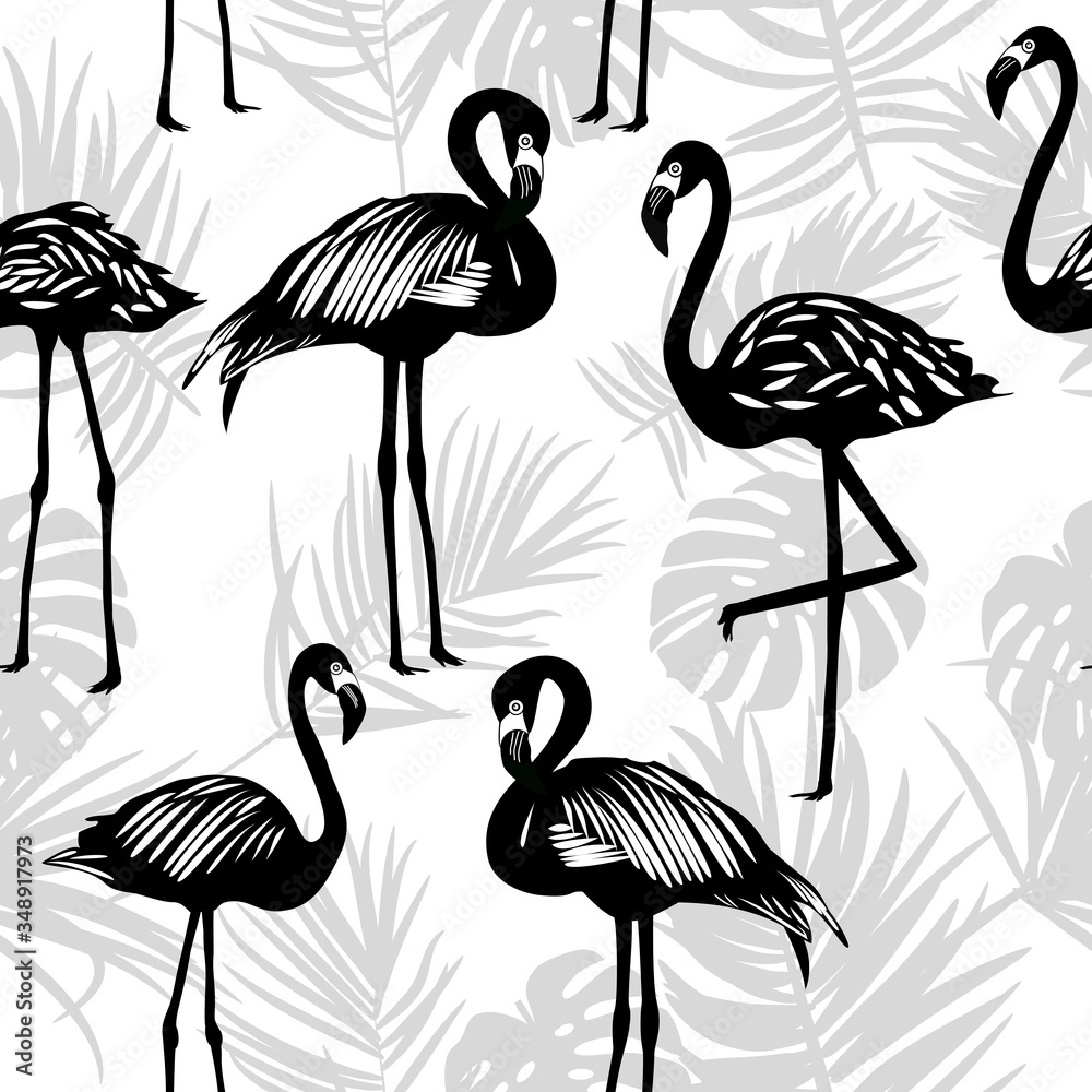 Obraz premium Seamless pattern of flamingo with palm leaves in black and white color