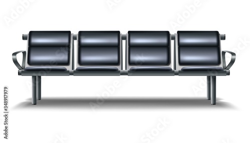 3d realistic vector lounge airport set. Black leather bench, isolated illustration icon on white background.