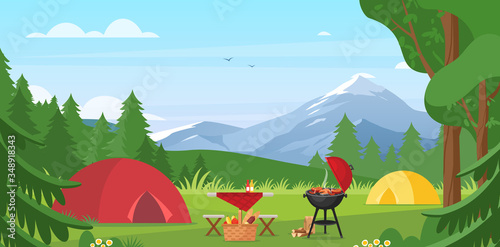 Cartoon flat tourist camp with picnic spot and tent among forest, mountain landscape view, sunny day. Summer camping vector illustration. Outdoor nature adventure, active tourism background