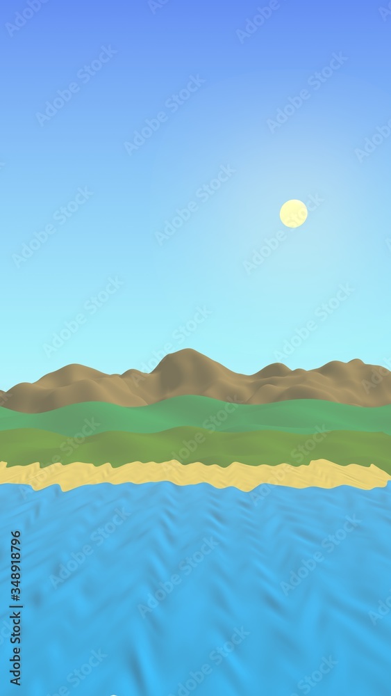 Sun Sea Beach. Noon. Ocean shore line with waves on a beach. Island beach paradise with waves. Vacation, summer, relaxation. Seascape, seashore. Minimalist landscape, primitivism. 3D illustration