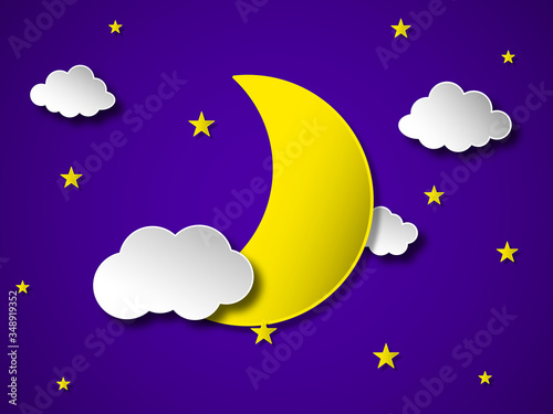 Paper art Night sky with Waxing crescent moon ,stars and clouds.