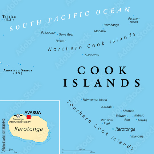 Cook Islands political map with capital Avarua. Self-governing island country in South Pacific Ocean in free association with New Zealand, comprising 15 islands. English labeling. Illustration. Vector photo