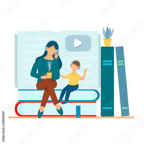 Flat design of a mother with a child in headphones. The concept of people listen to audiobooks. Vector illustration on a white background.