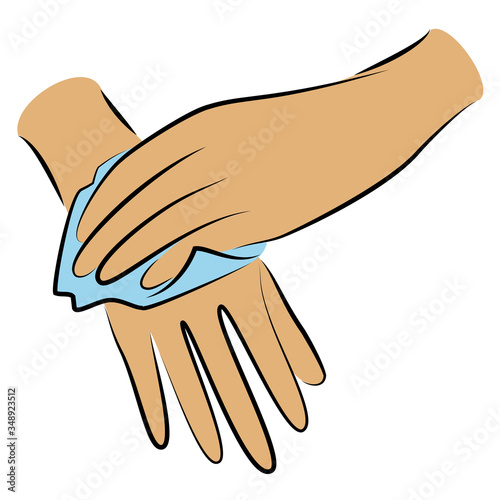 Rub your hands with a clean towel. Hygienic procedure. Disease prevention, good for health. Vector illustration