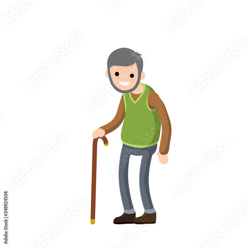 Funny old man with cane. Senior and Active Lifestyle, recreation grandfather. Cartoon flat illustration.