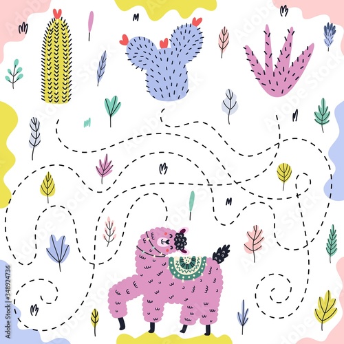 Bright maze game for kids with a funny llama