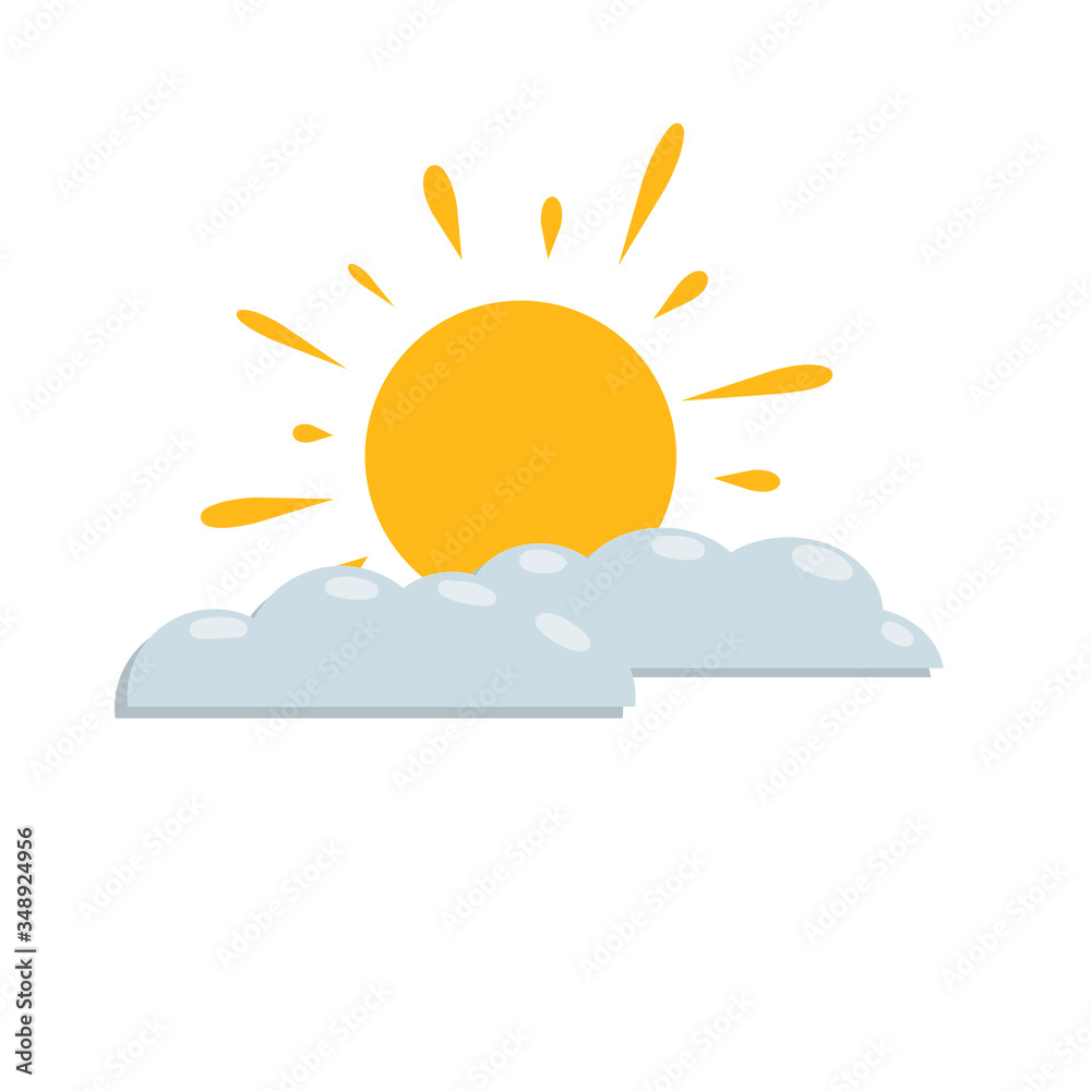 Sun and cloud. Cartoon flat illustration. Yellow and blue object. Warm summer weather. Sky element and meteorology. Simple child drawing Sun and cloud. Cartoon flat illustration. Yellow and blue object. Warm summer weather. Sky element and meteorology. Simple child drawing