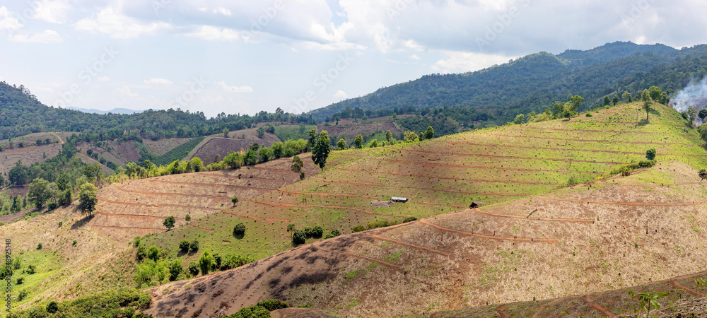 Field and view of distant mountains in the rural valley of thailand.