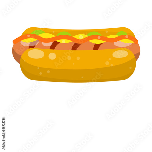 Fototapeta Naklejka Na Ścianę i Meble -  Hot dog. Bread, sausage, ketchup. Icon Harmful diet. Delicious Bun. Fast junk food. Cartoon flat illustration